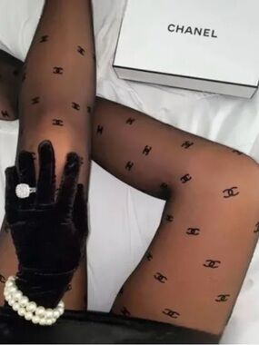 CHANEL Black Logo Sheer Tights with Monogram